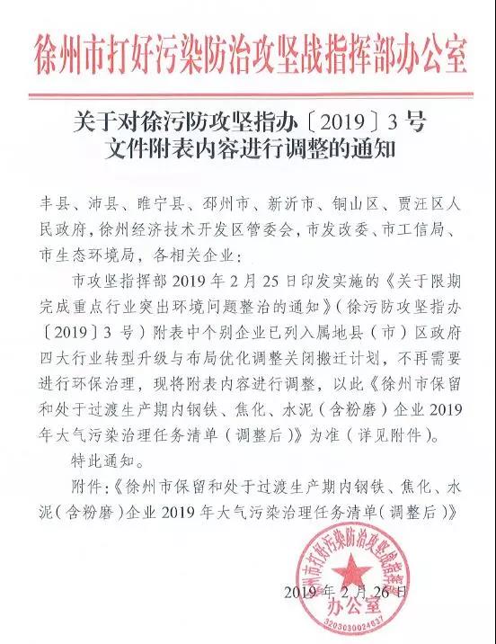 《徐州處于保留和過渡期內鋼鐵、水泥、焦化企業(yè)2019年大氣污染治理任務清單》